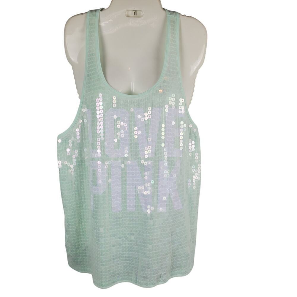 VS PINK Mint Green Sequin Tank Y2K Coquette Sporty Aesthetic Bling M NWT